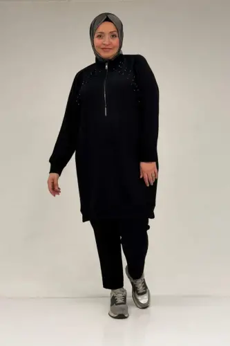 47088 Büyük Beden Omzu Taş Detaylı Pantolonlu Takım - Siyah - BÜYÜKBEDENIZ (1)