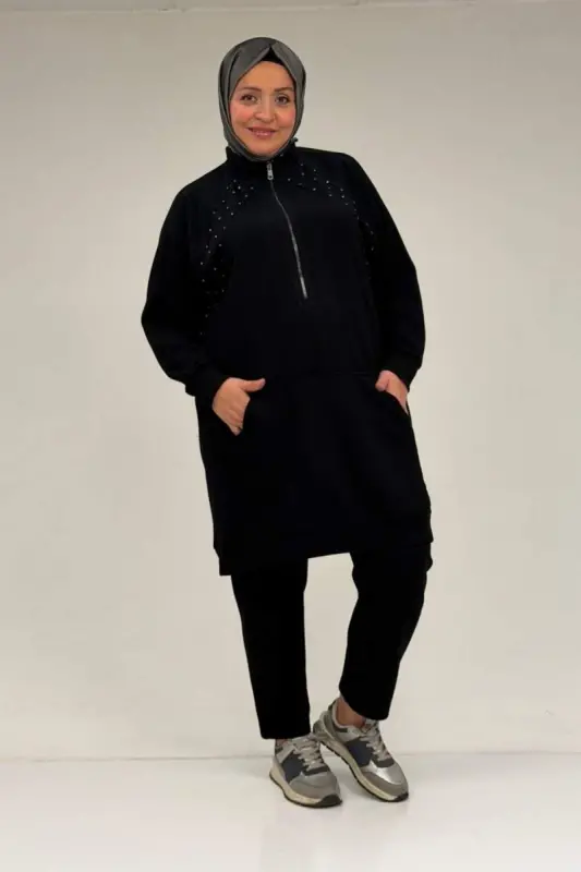 47088 Büyük Beden Omzu Taş Detaylı Pantolonlu Takım - Siyah - 1