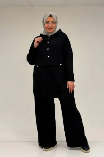 47089 Büyük Beden Yarım Patlı Kapşonlu Pantolonlu Modal Takım - Siyah - 1