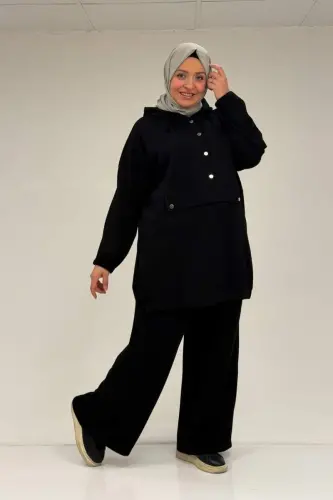 47089 Büyük Beden Yarım Patlı Kapşonlu Pantolonlu Modal Takım - Siyah - BÜYÜKBEDENIZ (1)