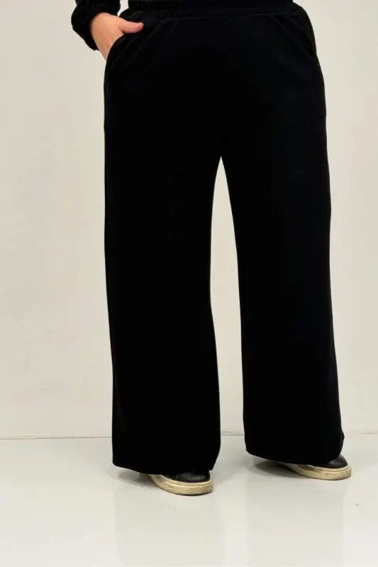 47089 Büyük Beden Yarım Patlı Kapşonlu Pantolonlu Modal Takım - Siyah - 3