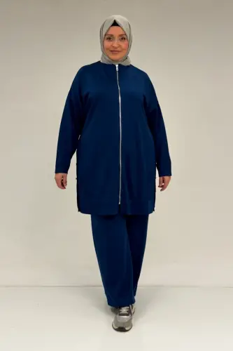 47090 Katta hajmli burmali detalli modal shimli kostyum - Indigo - 1