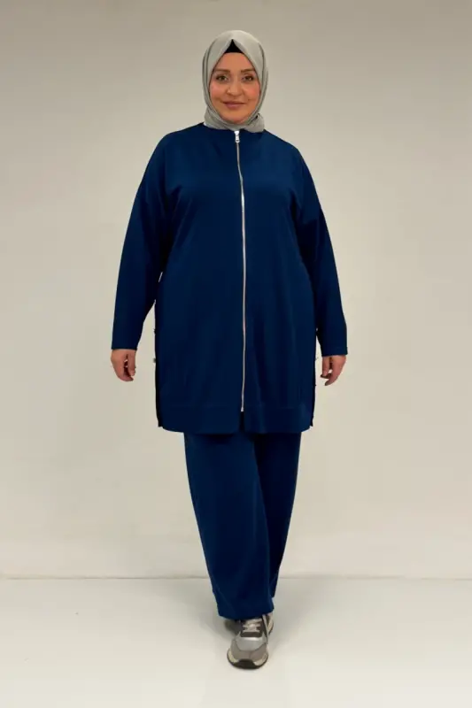 47090 Katta hajmli burmali detalli modal shimli kostyum - Indigo - 1