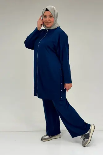 47090 Katta hajmli burmali detalli modal shimli kostyum - Indigo - BÜYÜKBEDENIZ (1)