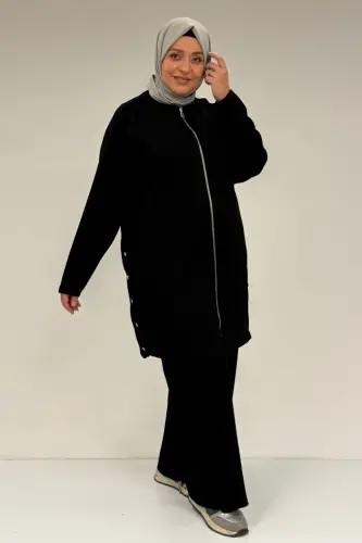 47090 Plus Size Pleated Detail Modal Pants Set - Black - 1