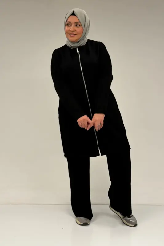 47090 Plus Size Pleated Detail Modal Pants Set - Black - 2