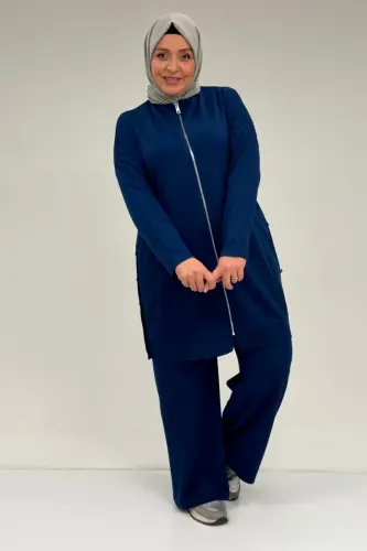 47090 Plus Size Pleated Detail Modal Pants Set - Indigo - 3