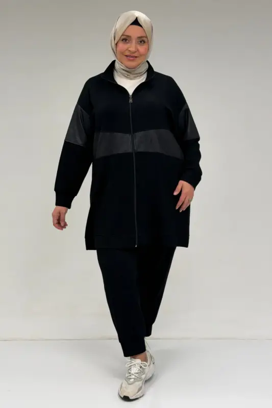 47098 Большой Размер Waterport С Отделкой Модальный Комплект с Брюками - Черный - BÜYÜKBEDENIZ