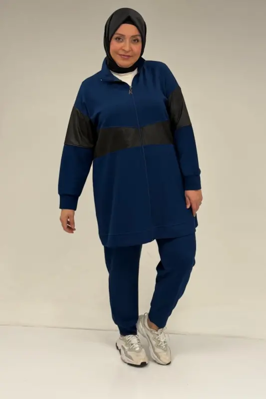 47098 Katta Hajmli Waterport Bezakli Modal Shimli Kostyum - Indigo - BÜYÜKBEDENIZ