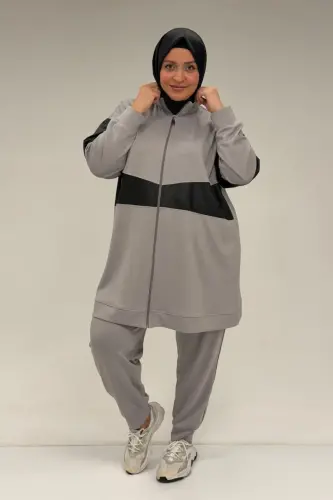 47098 Plus Size Waterport Lace Detailed Modal Pajama Set - Gray - 1