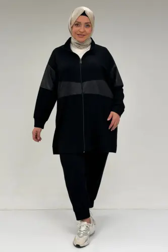 47098 Plus Size Waterport Lace Detailed Modal Pantsuit - Black - 1