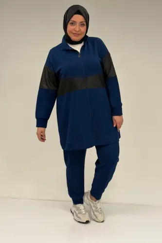 47098 Plus Size Waterport Lace Detailed Modal Pantsuit - Indigo - 1