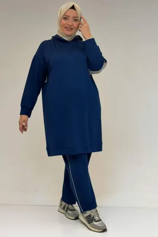 47100 Katta Hajmli Garniturali -Biyeli Shimli Modal Kostyum - Indigo - BÜYÜKBEDENIZ