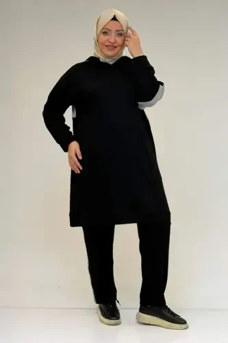 47100 Plus Size Trimmed-Piped Modal Set with Pants - Black - 1