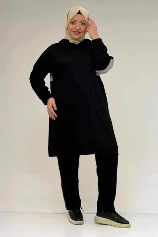 47100 Plus Size Trimmed-Piped Modal Set with Pants - Black - BÜYÜKBEDENIZ