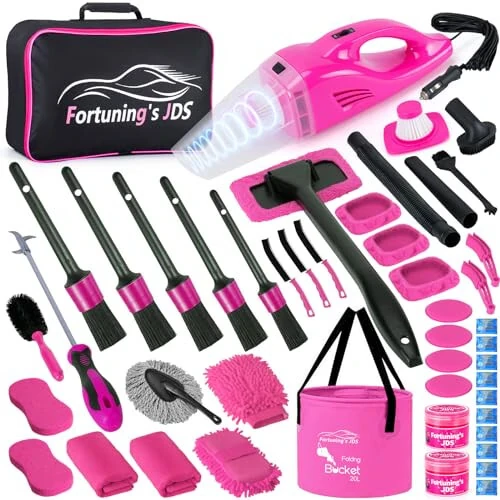 47PCS Car Detailing Kit Interior Cleaner, Car Cleaning Supplies with High Power Car Vacuum Cleaner,Auto Detailing Kit,Car Wash Kit with Bucket Detailing Brush Set, Pink Car Accessories for Women - 47PCS