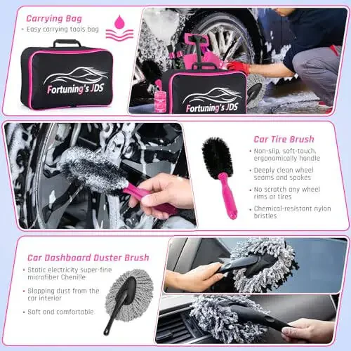 47PCS Car Detailing Kit Interior Cleaner, Car Cleaning Supplies with High Power Car Vacuum Cleaner,Auto Detailing Kit,Car Wash Kit with Bucket Detailing Brush Set, Pink Car Accessories for Women - 4