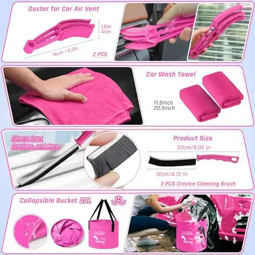 47PCS Car Detailing Kit Interior Cleaner, Car Cleaning Supplies with High Power Car Vacuum Cleaner,Auto Detailing Kit,Car Wash Kit with Bucket Detailing Brush Set, Pink Car Accessories for Women - 5