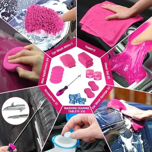47PCS Car Detailing Kit Interior Cleaner, Car Cleaning Supplies with High Power Car Vacuum Cleaner,Auto Detailing Kit,Car Wash Kit with Bucket Detailing Brush Set, Pink Car Accessories for Women - 6