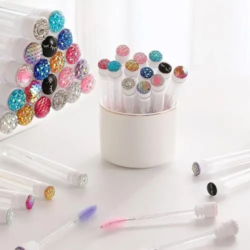 Upgrade 48 Pieces Disposable Mascara Wands Set,Diamond Mascara for Women and Girls- Include 24 Pcs Crystal Lash Spoolies Brush and 24 Pcs Reusable Keychain Empty Eyelash Brush Tubes - 1