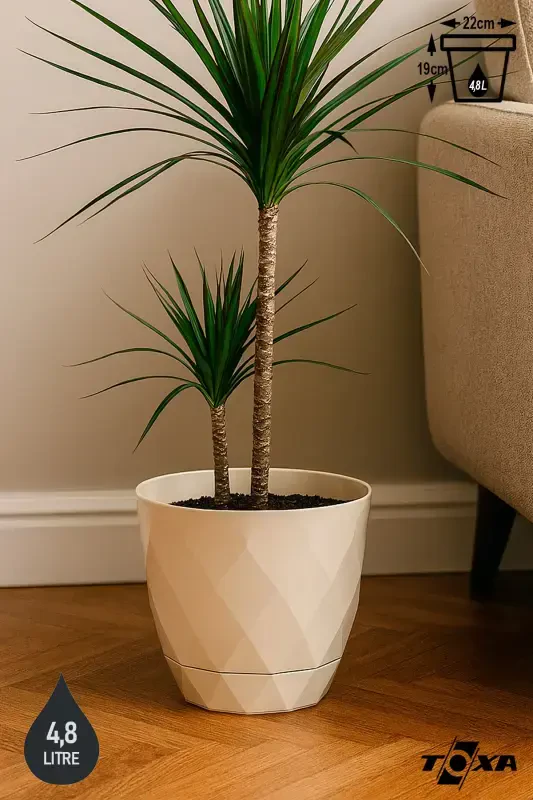 4,8 Litre Bej Prizma Desenli Tabaklı Plastik Saksı Yakamoz No4 Ø22x19,3cm-BEJ - 1