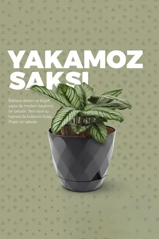 4,8 Litre Bej Prizma Desenli Tabaklı Plastik Saksı Yakamoz No4 Ø22x19,3cm-BEJ - 5