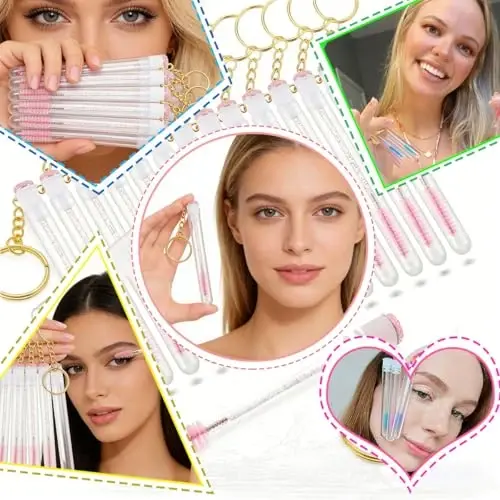 Upgrade 48 Pieces Disposable Mascara Wands Set,Mascara Brush Tube for Women and Girls- Include 24 Pcs Crystal Lash Spoolies Brush and 24 Pcs Reusable Keychain Empty Eyelash Brush Tubes(Pink) - 3