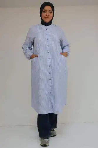 48072-1 Большой Размер Туника с Резинкой на Рукавах - Полосатый Синий - 1