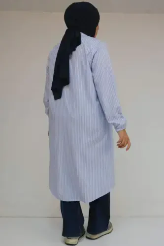 48072-1 Большой Размер Туника с Резинкой на Рукавах - Полосатый Синий - 3