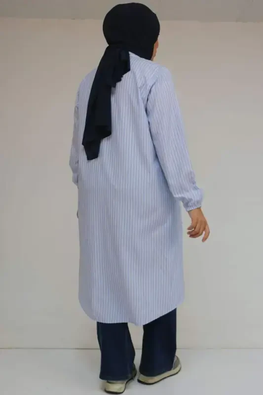 48072-1 Большой Размер Туника с Резинкой на Рукавах - Полосатый Синий - 3