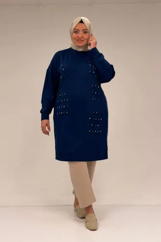 48089 Büyük Beden Beyoğlu Taşlı Modal Tunik - İndigo - 1