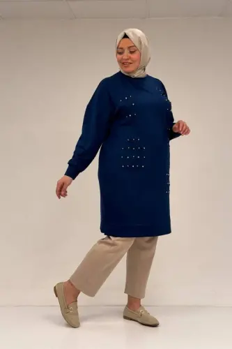 48089 Büyük Beden Beyoğlu Taşlı Modal Tunik - İndigo - BÜYÜKBEDENIZ (1)