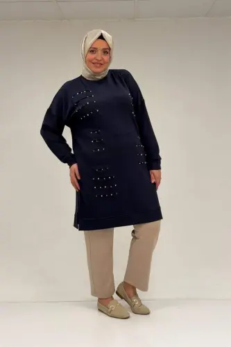 48089 Büyük Beden Beyoğlu Taşlı Modal Tunik - Lacivert - 1