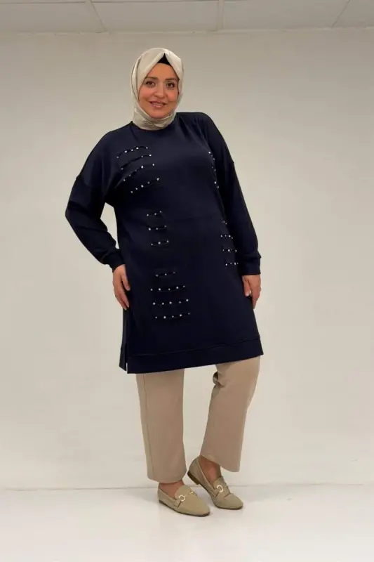 48089 Büyük Beden Beyoğlu Taşlı Modal Tunik - Lacivert - 1