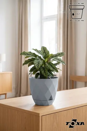 4.8lt Ø22x19,3cm Baklava Patterned Decorative Plastic Pot with Saucer Yakamoz No4 Granite Gray-GRANITE GRAY 