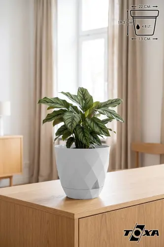 4.8lt Ø22x19.3cm Decorative Plastic Flower Pot with Plate Yakamoz No4 White with Baklava Pattern 