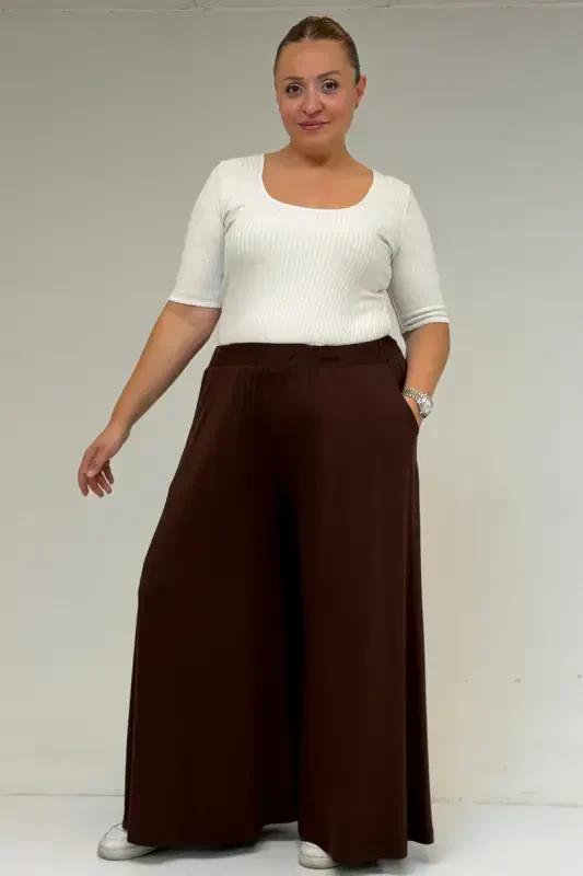 49003 Большой Размер Юбка-Брюки из Трикотажа с Эластичной Талией - Кофе - 1