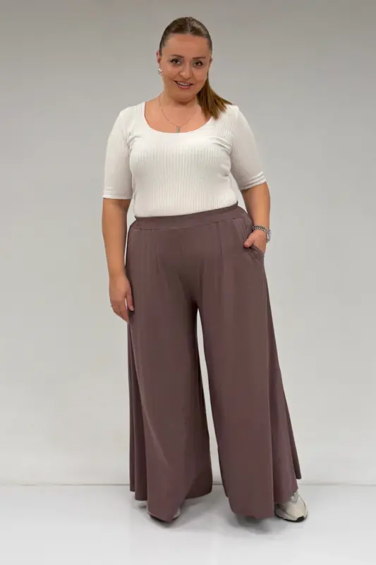49003 Plus Size Elastic Waist Combed Cotton Culottes - Mink - BÜYÜKBEDENIZ