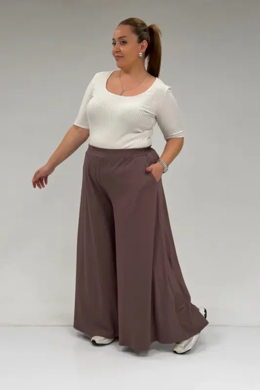 49003 Plus Size Elastic Waist Combed Cotton Culottes - Mink - 3