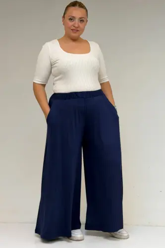 49003 Plus Size Elastic Waist Cotton Skirt Pants - Indigo - 1