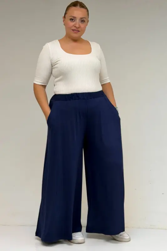 49003 Plus Size Elastic Waist Cotton Skirt Pants - Indigo - 1