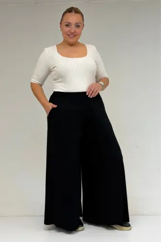 49003 Plus Size Elastic Waist Knit Skirt Pants - Black - 1