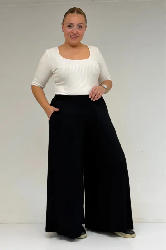 49003 Plus Size Elastic Waist Knit Skirt Pants - Black - BÜYÜKBEDENIZ