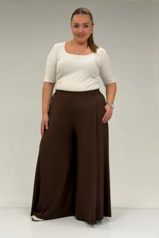 49003 Plus Size Elastic Waist Knit Skirt Pants - Brown - BÜYÜKBEDENIZ
