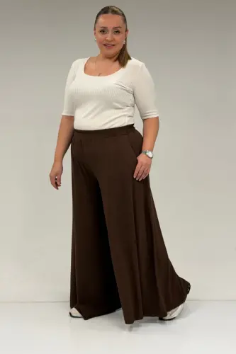 49003 Plus Size Elastic Waist Knit Skirt Pants - Brown - 3