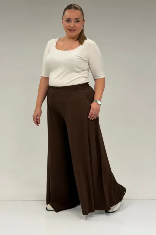 49003 Plus Size Elastic Waist Knit Skirt Pants - Brown - 3