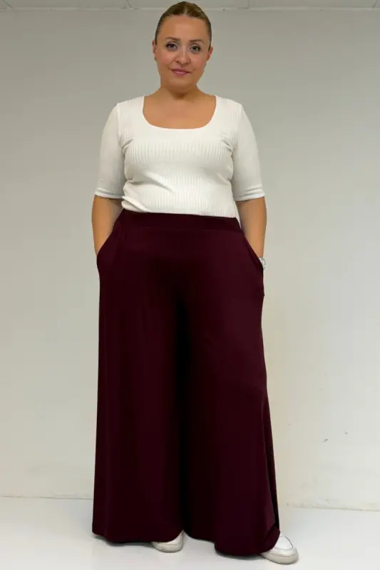 49003 Plus Size Elastic Waist Knit Skirt Pants - Burgundy - BÜYÜKBEDENIZ