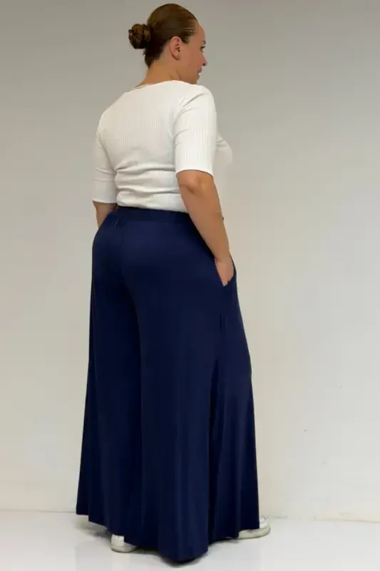 49003 Plus Size Elastic Waist Knit Skirt Pants - Indigo - 3