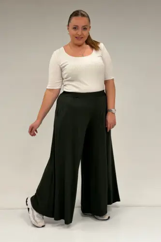 49003 Plus Size Elastic Waist Knit Skirt Pants - Khaki - 1