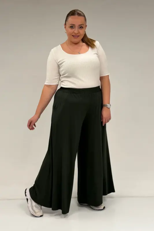 49003 Plus Size Elastic Waist Knit Skirt Pants - Khaki - BÜYÜKBEDENIZ